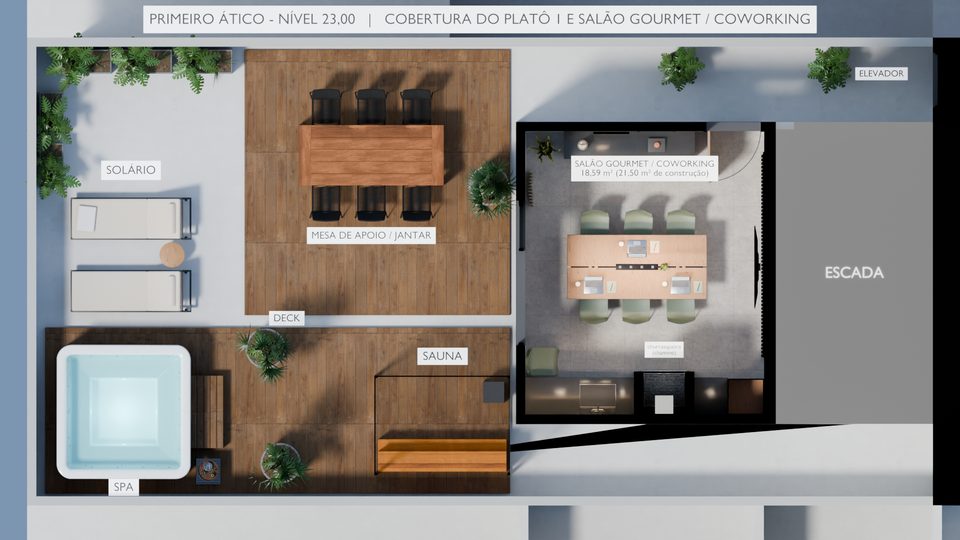 Planta humanizada do 1º ático: solário, deck com mesa, hidromassagem e sauna, e o salão gourmet e coworking de 18,59 m²