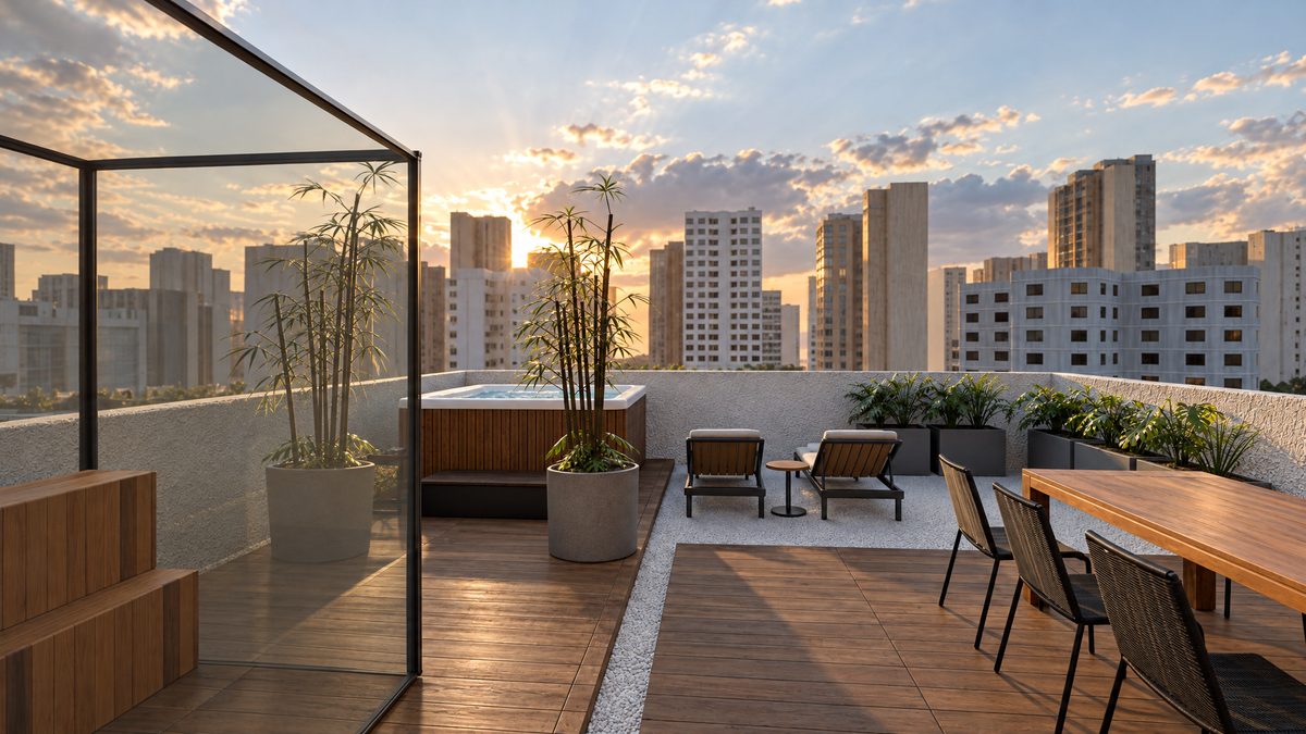 Da porta do salão: deck do 1º ático com a sauna de vidro, a hidromassagem, espreguiçadeiras, mesa de madeira e vasos, com os prédios de Curitiba ao fundo