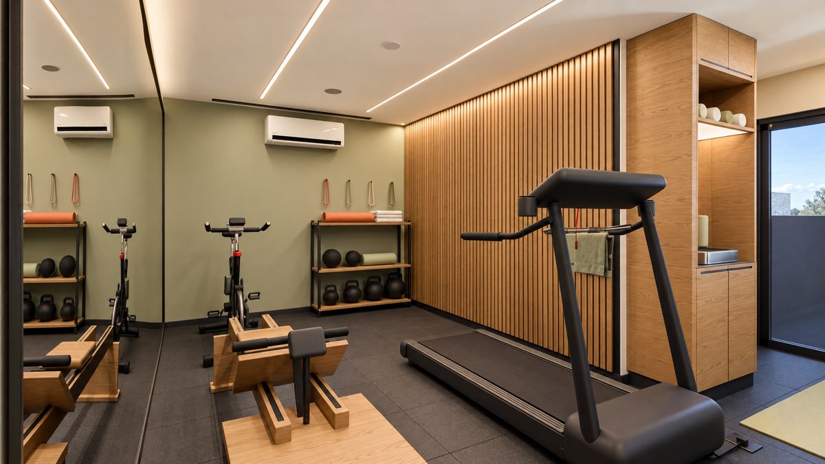Academia do 2º ático: bicicletas, remo, esteira, prateleira com halteres e painel ripado