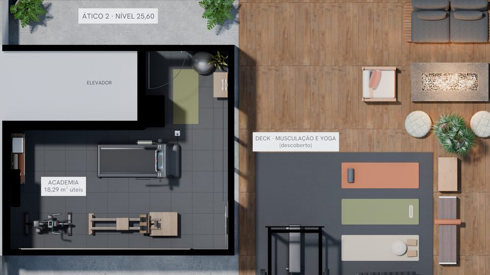 Planta humanizada do 2º ático: a academia e o deck descoberto com musculação, yoga e mesa de fogo