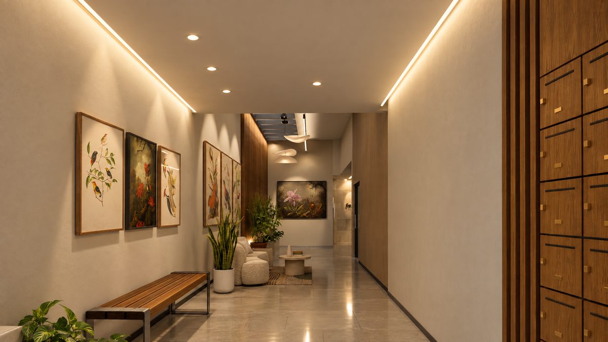 Hall de pedestres visto da porta: corredor com sanca de luz, quadros de pássaros, banco de madeira e as caixas de correspondência em carvalho à direita