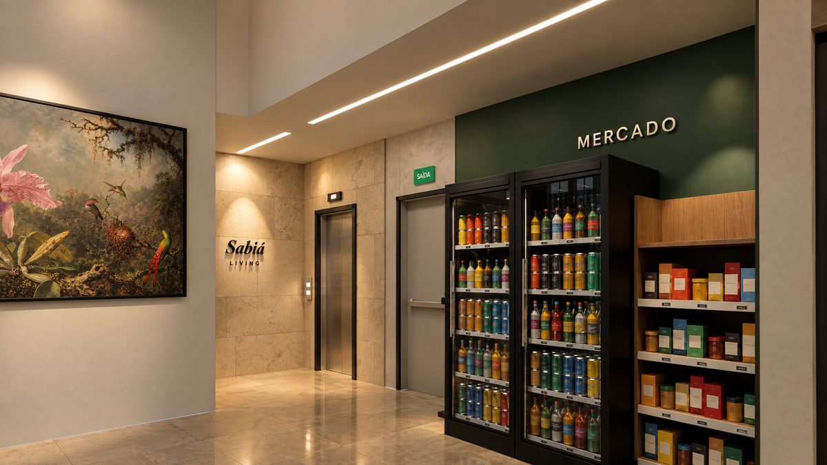 Recanto do minimercado em verde floresta: geladeiras de porta de vidro e prateleiras com produtos, ao lado do elevador