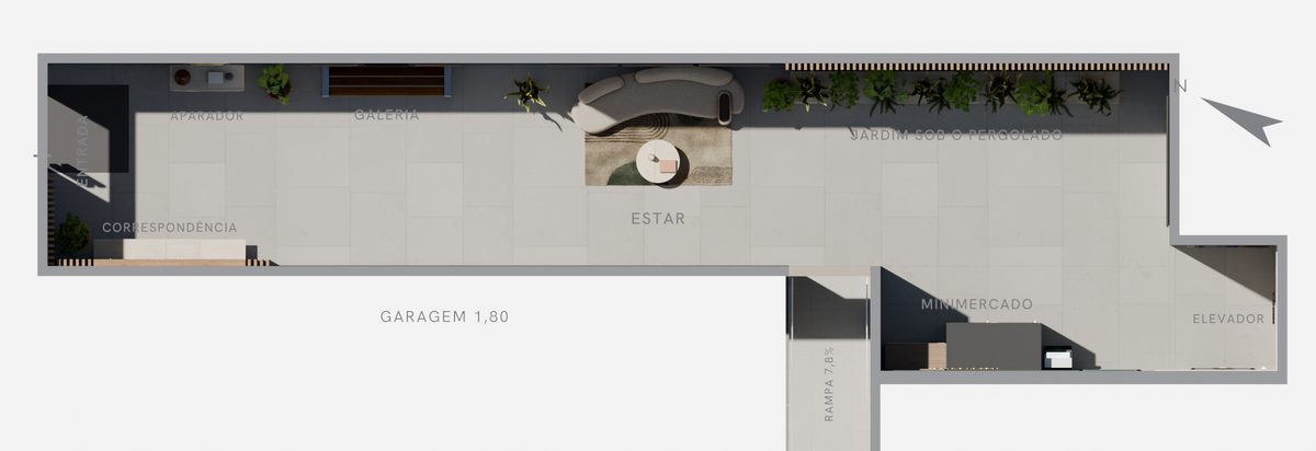 Planta humanizada do hall de pedestres: corredor de acesso com o estar, o espaço de conveniência e o hall do elevador