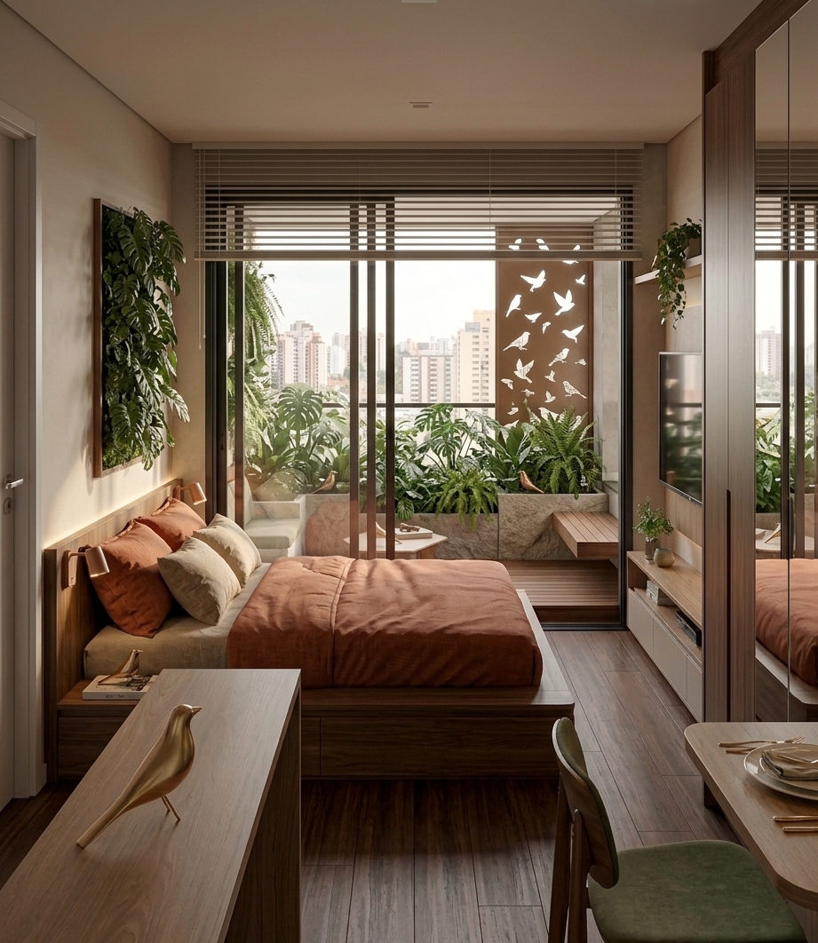 Unidade de um quarto do Sabiá Living: cama com roupa terracota, cadeira sálvia, jardim vertical e painel vazado com sabiás na sacada