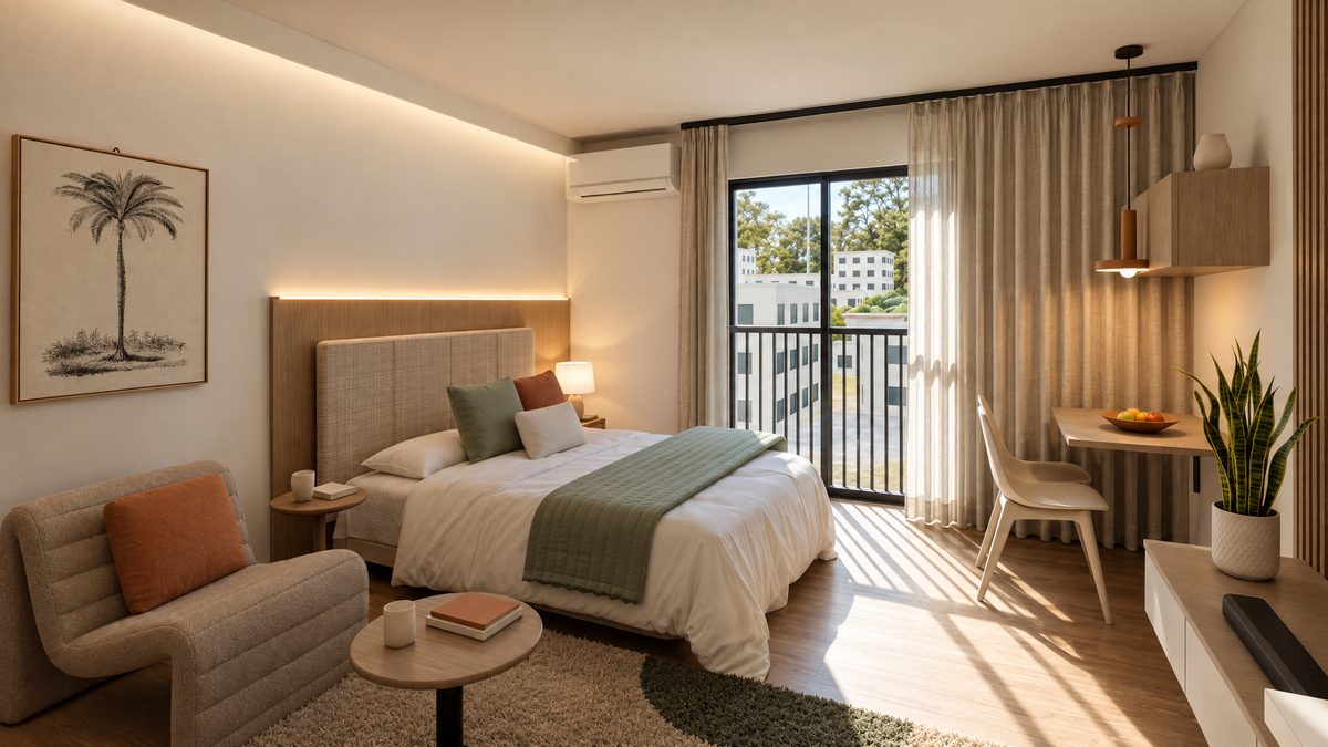 Studio tipo A: cama de casal com manta sálvia, poltrona terracota, mesa de apoio e a porta-janela com grade, aberta para a rua