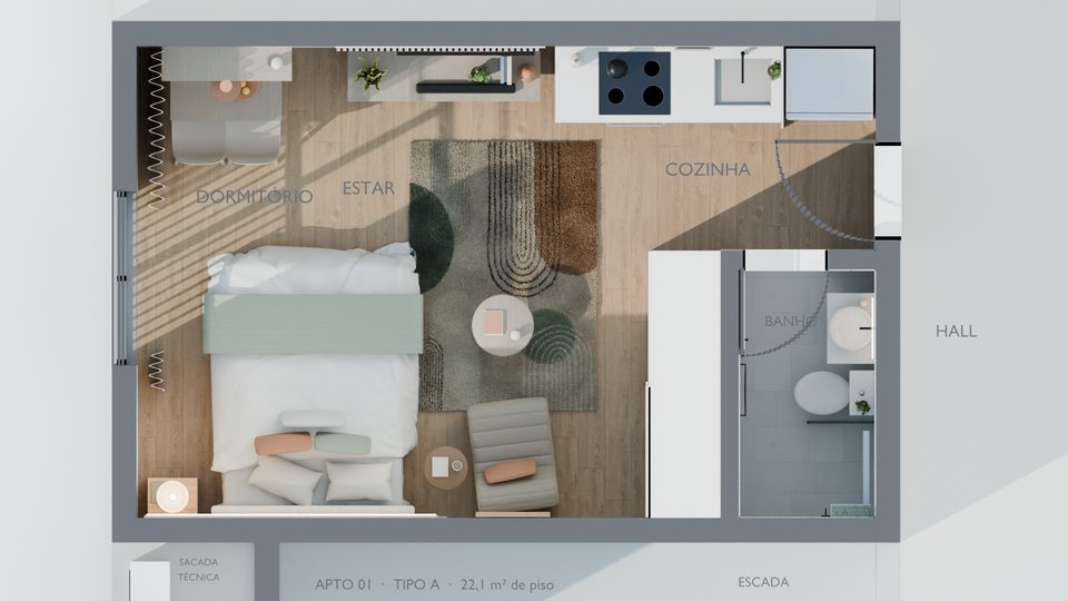 Planta humanizada do tipo A, apartamento 01: estar, dormitório e cozinha integrados e o banho junto à entrada, com 22,1 m² de piso