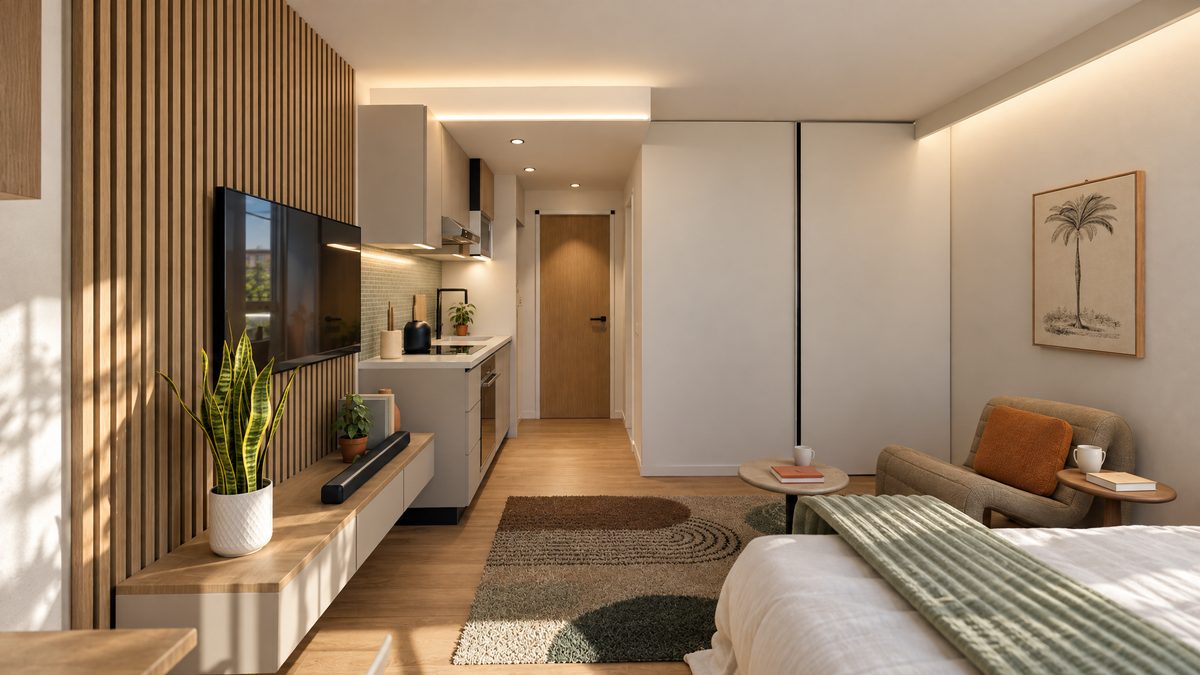 Studio tipo A visto da cama: painel ripado com TV, rack baixo, poltrona terracota e, ao fundo, a cozinha linear e a porta de entrada