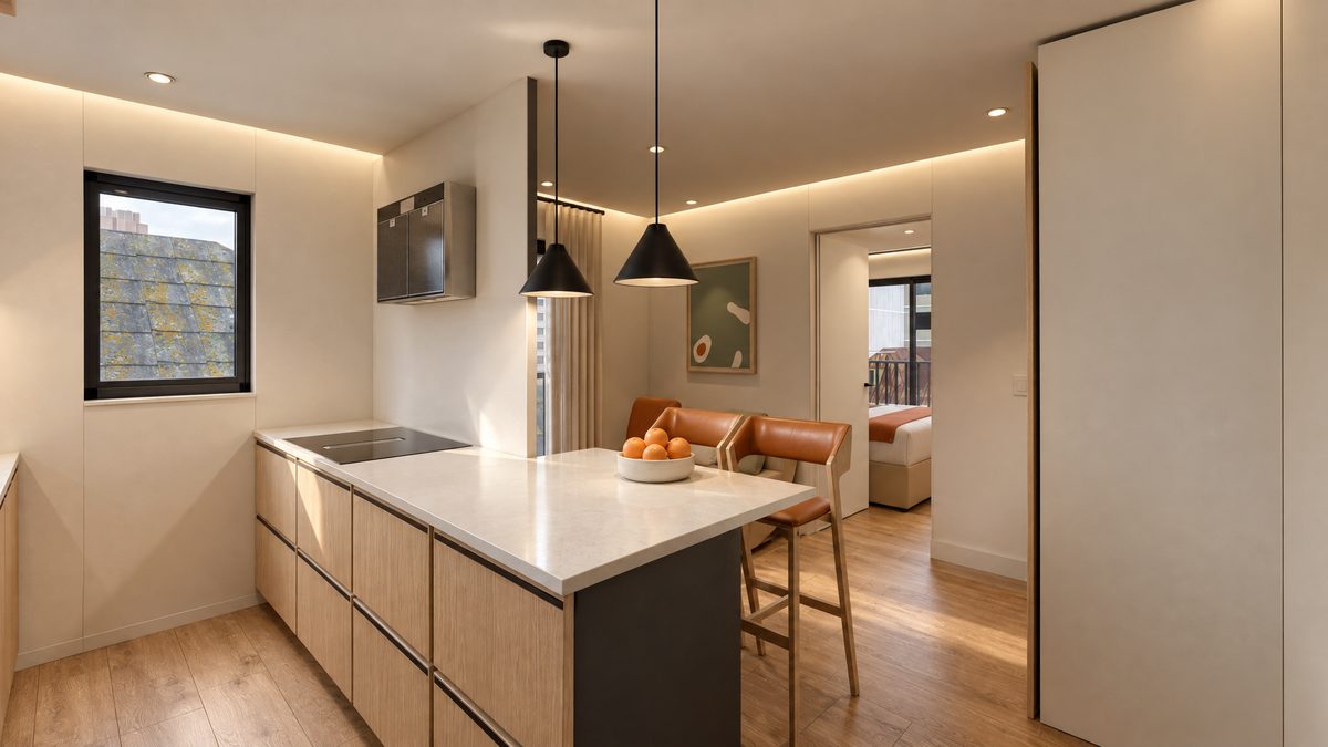 Tipo B visto da entrada: bancada clara com cooktop, pendentes pretos, banquetas terracota e, ao fundo, o dormitório