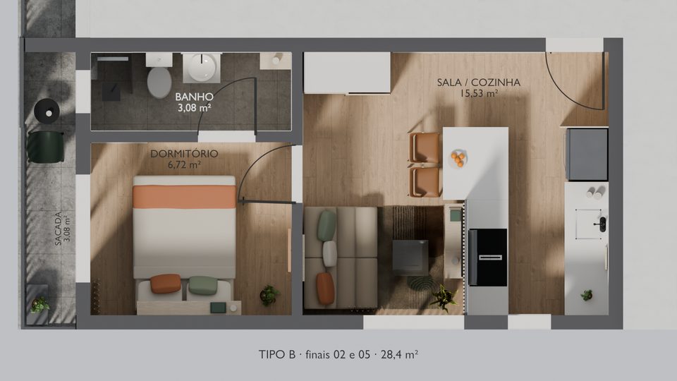 Planta humanizada do tipo B, finais 02 e 05: sala e cozinha, dormitório, banho e sacada, com 28,4 m²