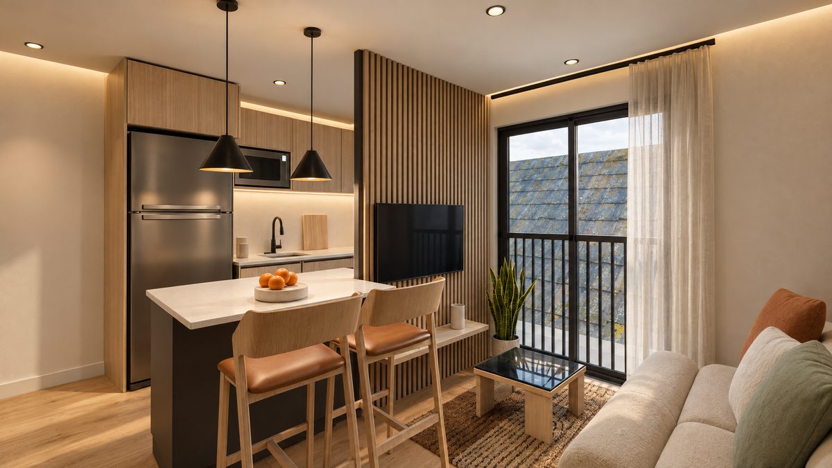 Tipo B: cozinha com península e banquetas, geladeira inox, painel ripado com TV e sofá com almofadas sálvia e terracota junto à porta-janela