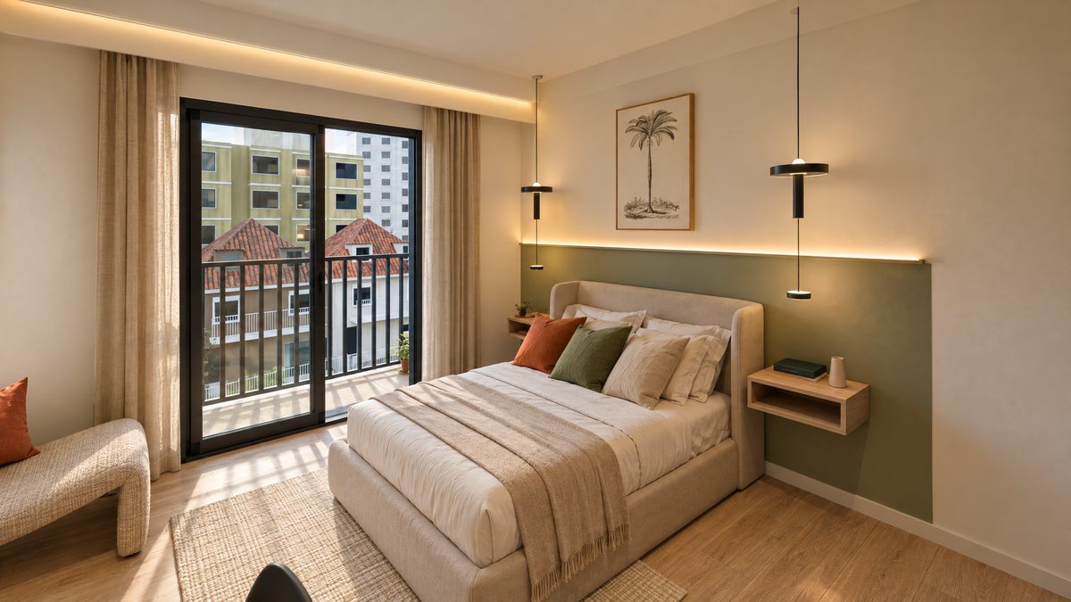 Tipo C: cama de casal com cabeceira estofada, painel sálvia, pendentes e porta-janela de correr para a sacada