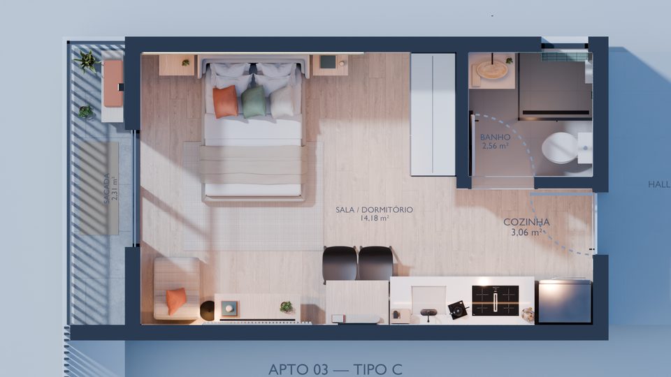 Planta humanizada do tipo C, apartamento 03: sala e dormitório, cozinha, banho e sacada, com as áreas de cada ambiente