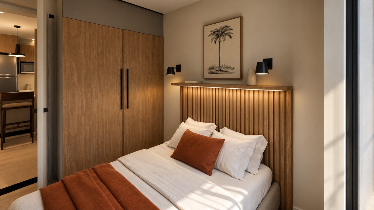 Dormitório do tipo D: cama com cabeceira ripada iluminada, roupa de cama clara e terracota e guarda-roupa de madeira