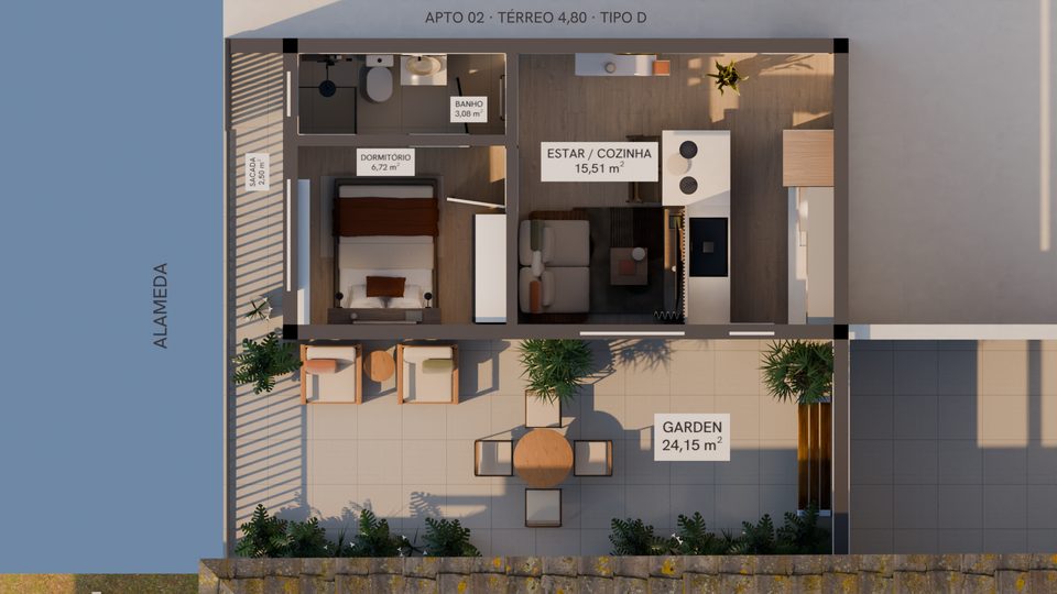 Planta humanizada do tipo D, apartamento 02 do térreo do platô 1, nível 4,80: estar e cozinha, dormitório, banho, sacada e o garden de 24,15 m²