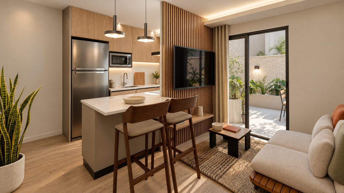 Tipo D: cozinha com península e pendentes, painel ripado com TV e sofá; pela porta-janela, o garden
